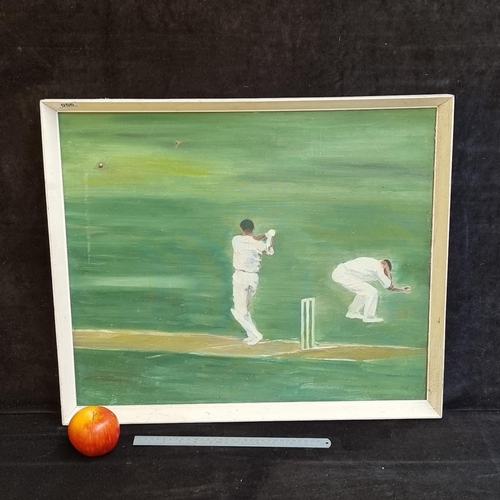 56 - Large, vintage original acrylic on board showing a cricket scene of a batter having hit the ball, ni... 
