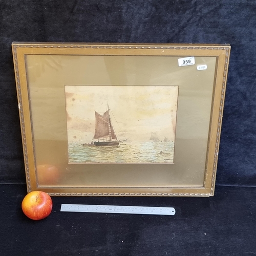 59 - Good sized original antique watercolour showing fishing boats at sea, signed E Ellison 1888.