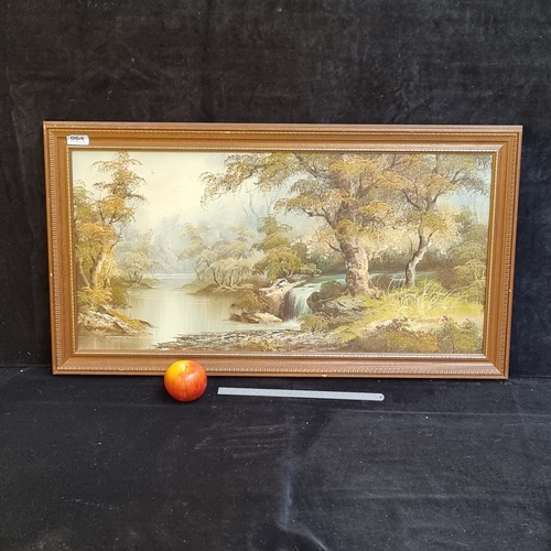 64 - Large original oil on canvas showing a waterside landscape with waterfall, signed by the artist C. I... 