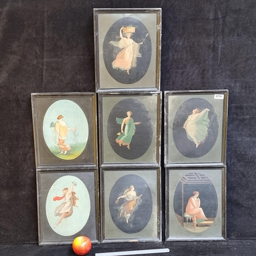 70 - 7 original antique oil on boards showing the muses, in the style of the frescoes at Pompeii.