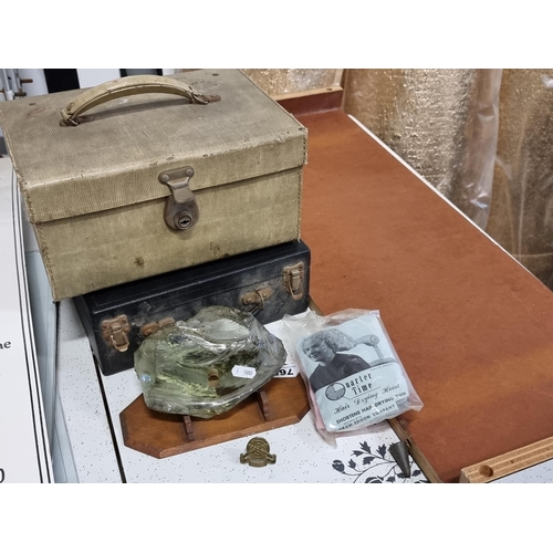 765 - A Vintage sewing box with hinged lid with another hard case. Together with an antique shard of glass... 