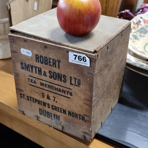 766 - A vintage wooden Tea Caddy, stamped Robert Smyth & Sons - Tea Merchants - 6 & 7 St Stephen's Green N... 