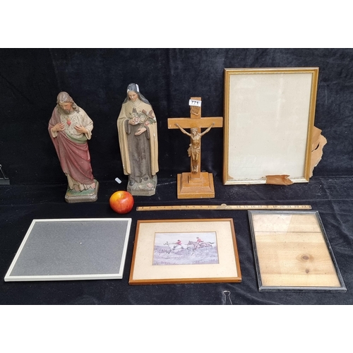 771 - 7 items including 3 vintage Roman Catholic items and four vintage picture frames. Includes a plaster... 