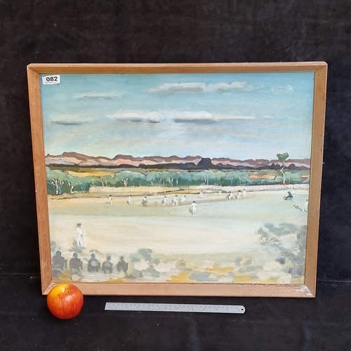 82 - Good sized original oil on board showing a cricket match in a sunny landscape. Unsigned.