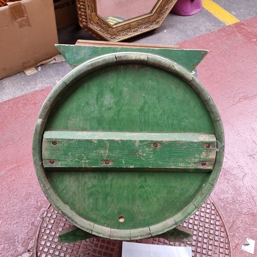 242 - A large, vintage wooden table-top butter churn. With cast-metal hand crank and lid.