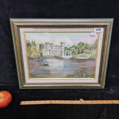 100 - Beautiful oil on board showing a Gothic stately home by a lake, with a rower in the foreground. Sign... 