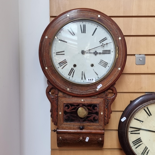 117 - Large, antique late 19th century wall clock with beautiful mother of pearl inlay detail by Jerome & ... 