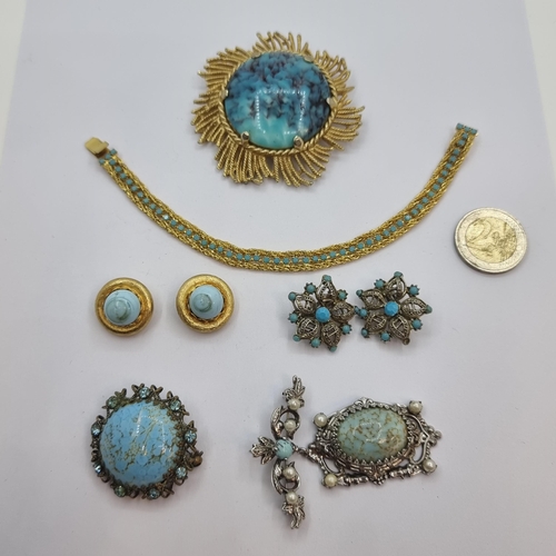31 - A collection of vintage turquoise stone set jewellery. With two pairs of clasp earrings, together wi... 