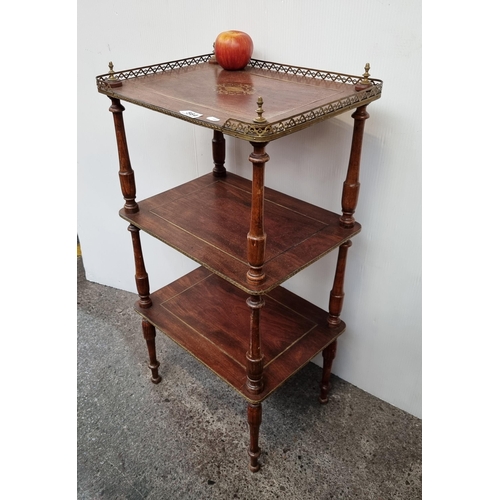 564 - Three-tiered Antique drinks shelf with turned posts and brass gallery back, inlay and finials. Lovel... 