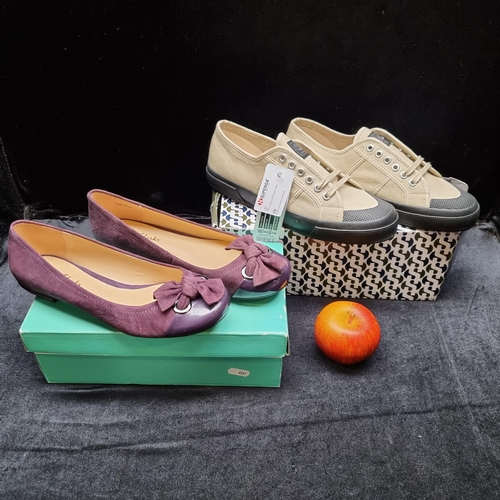 573 - Two brand new pairs of brand new ladies shoes. One pair of Superga Sport canvas runners taupe/black ... 