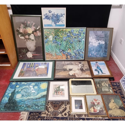 62 - Large box filled with 14 framed artworks and a mirror in a range of sizes. Includes prints of famous... 