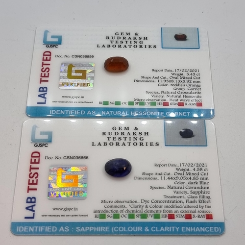 755 - Two genuine precious stones, all lab tested with certificate of authenticity including natural hesso... 