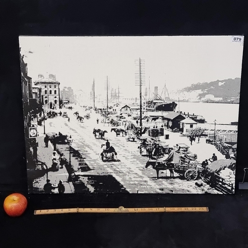 79 - Large monochrome on board depiction of a bustling Dublin dockyard with horses and carts.