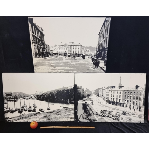 80 - Set of three large monochrome on board depictions of Irish 19th century urban and waterside scenes.