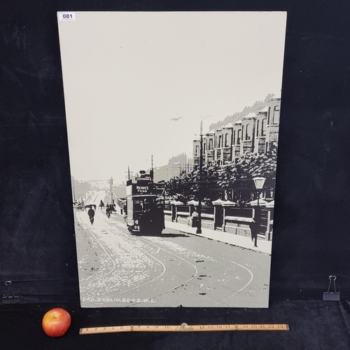 81 - Large monochrome on board depiction of a Dublin tramline, with an advertisement for 'Neave's Food'.