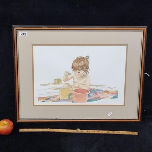 84 - Large, original graphite and watercolour depiction of a child playing in the beach, signd bottom rig... 