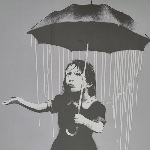 82 - Large very high quality print of Banksy's Nola (Girl with Umbrella), 2008, in a decorative frame. Mm... 