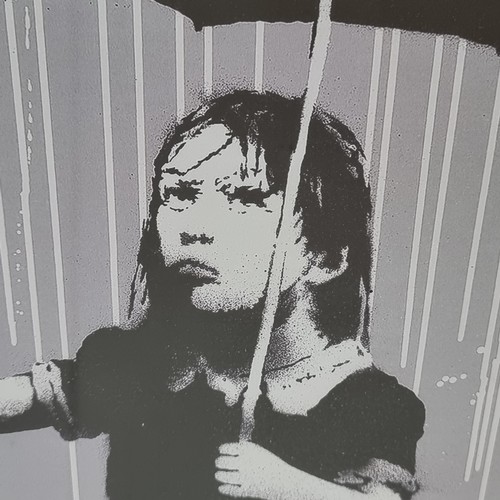 82 - Large very high quality print of Banksy's Nola (Girl with Umbrella), 2008, in a decorative frame. Mm... 