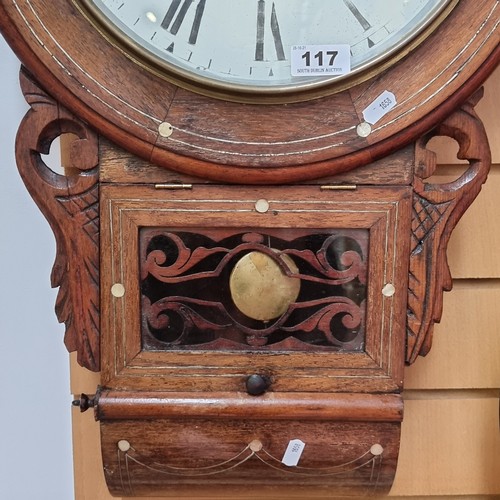 117 - Large, antique late 19th century wall clock with beautiful mother of pearl inlay detail by Jerome & ... 