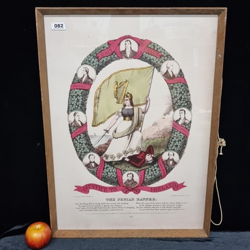 82 - Large print of the Fenian banner title 'Justice to Ireland' showing leading figures of the Fenian br... 