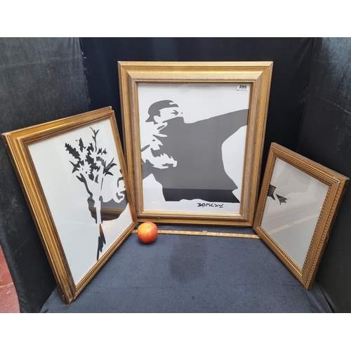 295 - Large high quality print of a Banksy in three parts, titled 'Love is in the Air: Rage, the Flower Th... 