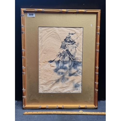 309 - Original oil on board showing a sailboat and a original ink on tissue paper showing a Mongolian warr... 