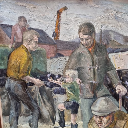 305 - Star Lot: Very large original oil on canvas showing coal workers on a dock with a helping child, det... 
