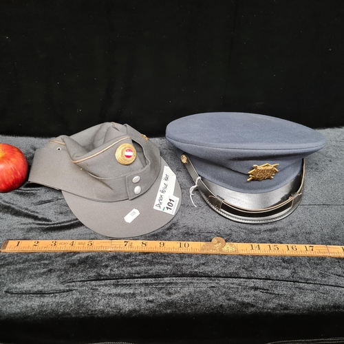 101 - One Austrian Litto-Kappe Police hat and one Czech Military Army Airforce Officers peaked hat.