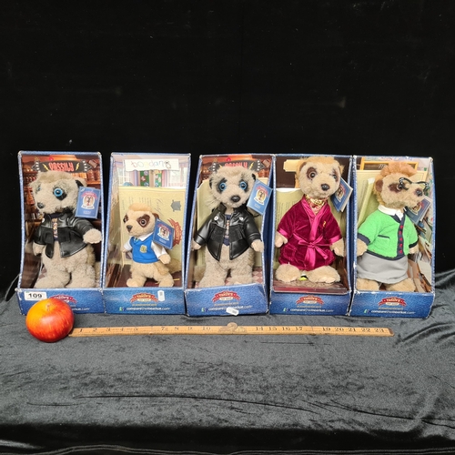 109 - Five Official Yakov's Toy Shop meerkat plush figurines, (in association with comparethemeerkat.com).... 