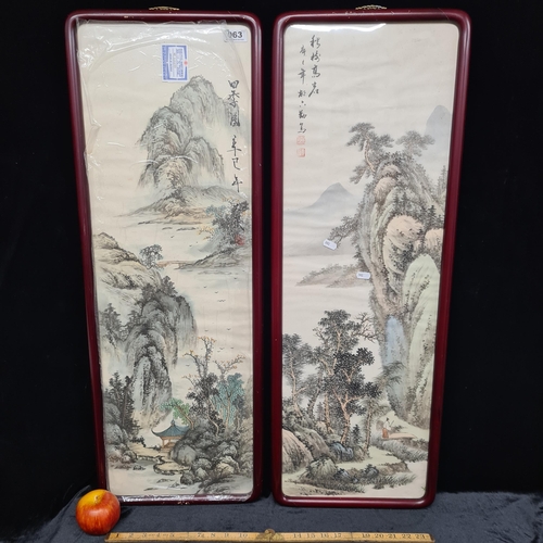 63 - Two large original hand painted ink an watercolour paintings of traditional Chinese mountain scenes,... 