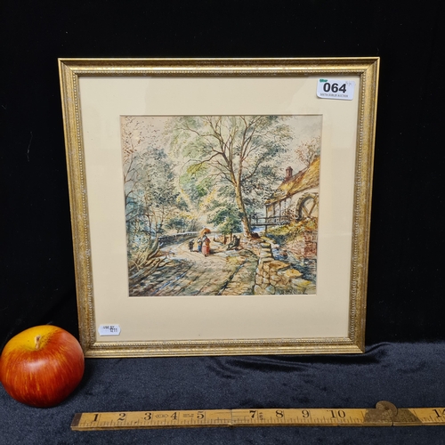 64 - Neat sized original antique watercolour showing a riverside path past a mill house signed bottom rig... 