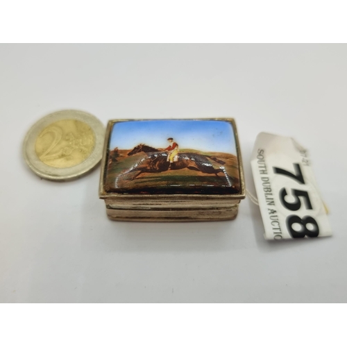 758 - Lovely small Sterling Silver snuff box with Enamel image of a 19th century horse and jockey.