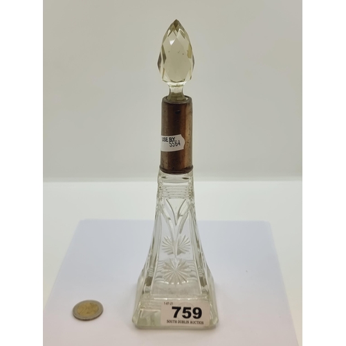 759 - Very good 19th century tall cut glass perfume bottle. With a large Sterling silver collar London 188... 