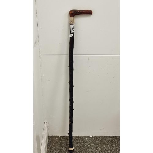 760 - Good antique walking cane with stag horn handle and blackthorn shaft and large Silver toned collar t... 