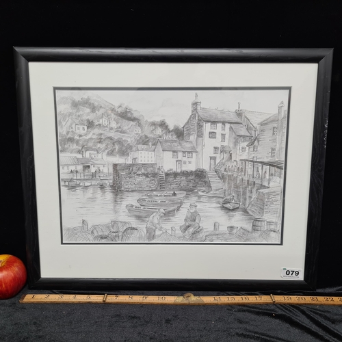 79 - Good sized high quality print a charming graphite drawing of a seaside village by P Leonard.