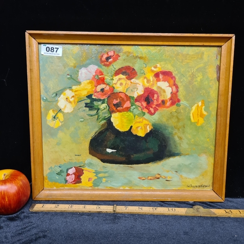 87 - Good sized original oil on board showing a still life of red and yellow poppies in a vase, signed bo... 