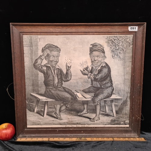 91 - Large original mezzotint showing two boys playing cards, titled 