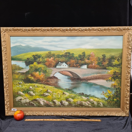 95 - Very large original oil on canvas showing a riverside cottage with stone bridge, beautiful autumnal ... 