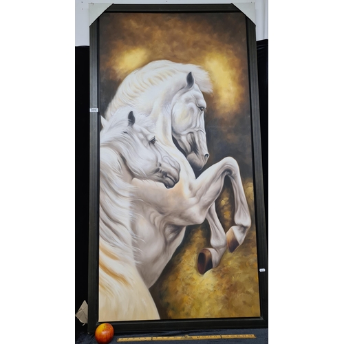 99 - Huge original oil on canvas showing a pair of lively white horses depicted mid rear, high quality pa... 