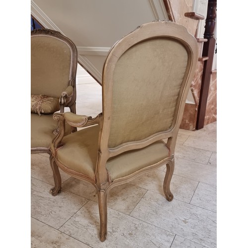 43 - A pair of large French style open armchairs with padded arm rests, scroll relief carving, and cabrio... 
