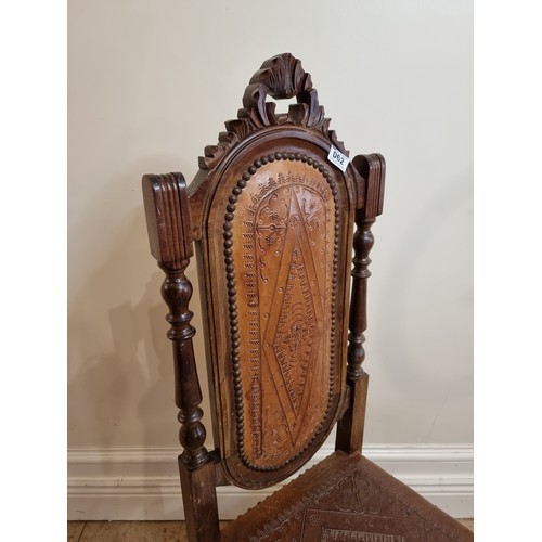 62 - Neat size antique Spanish chapel chair with leather seat and back. 110cm tall, 43cm wide and 38 deep... 