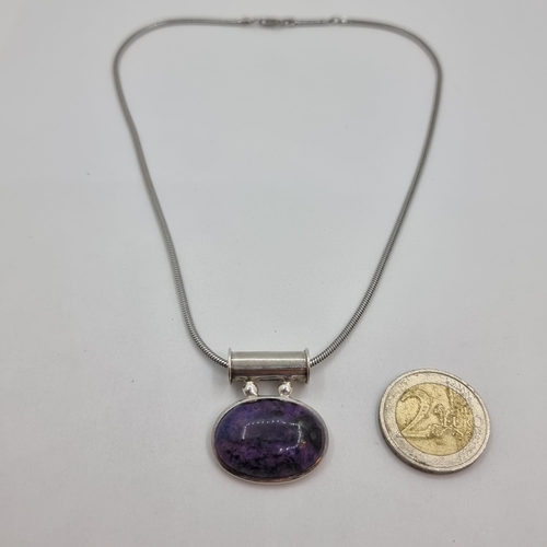 14 - A sterling silver (stamped 925) polished agate stone pendant with chain. Length of chain 38cm. Stone... 