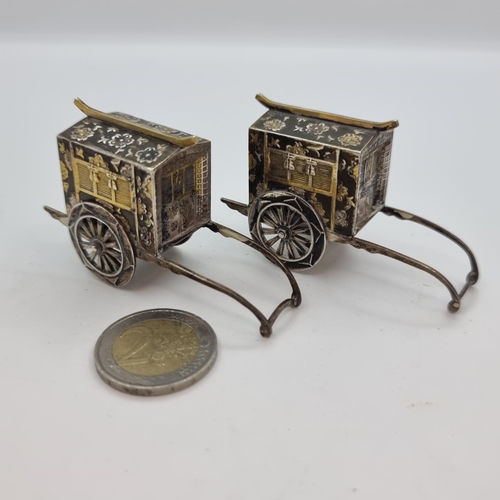 60 - Star Lot : Two super 19th century Chinese silver and Gold rickshaws with intricate designs, in good ... 