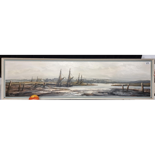 75 - A large, very Long  original oil on board, depicting boats and fishermen at a dock, in soft greys an... 