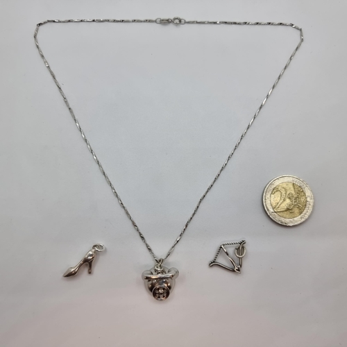 750 - Three Vintage Silver charms inc a Rotary Danecraft Sterling Telephone charm on chain. 46cm  and a Hi... 