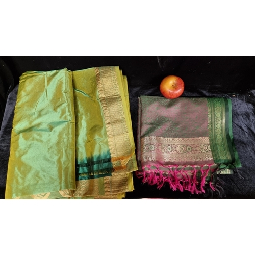 106 - Sari fabric in vibrant green and rich gold, along with a silk scarf in iridescent green and red with... 