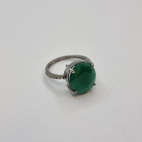 365 - New Sterling Silver Emerald and Diamond ring. Lovely bright oval Emerald 4.2cts Diamonds 0.4 cts Siz... 