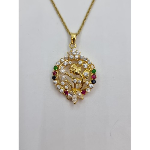 368 - 21k Gold Pendent  with Emerlads, rubies and Sapphires (white stones, not diamonds) On a nice long 18... 