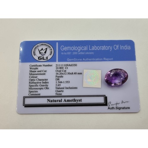 371 - Super Natura amethyst 10.8 cts In  a lovely oval cut 10.8 cats With COA