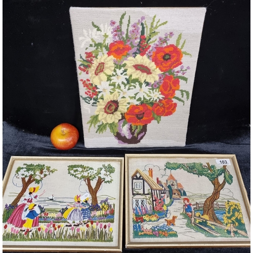 103 - A good sized tapestry piece of a floral arrangement accompanied by two high quality prints of needle... 